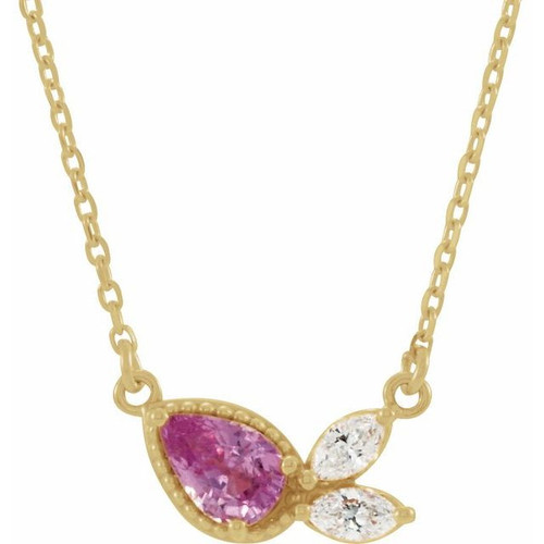 Sapphire Necklace in 14 Karat Yellow Gold Pink Sapphire and 0.16 Carat Diamond 18 inch Necklace