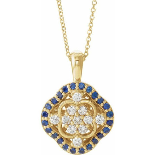 White Diamond Necklace in 14 Karat Yellow Gold Genuine Sapphire and 0.33 Carat Diamond 16 inch Necklace