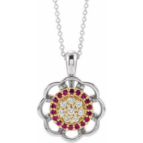 14 Karat White Gold/Yellow Ruby and 0.33 Carat Diamond 16 inch Necklace