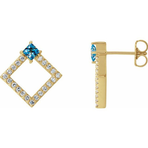 14 Karat Yellow Gold Aquamarine and 0.33 Carat Diamond Earrings