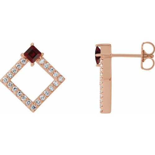 Red Garnet Gems set in 14 Karat Rose Gold Mozambique Garnet and 0.33 Carat Diamond Earrings