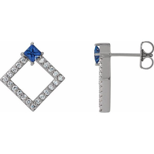 Platinum Genuine Blue Sapphire and 0.33 Carat Diamond Earrings
