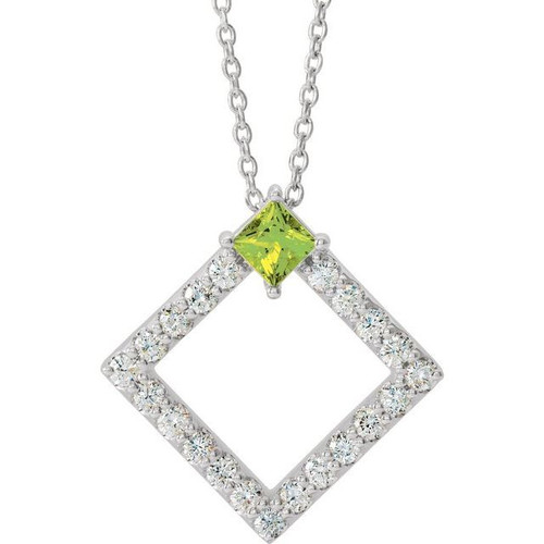 Genuine Peridot Necklace in 14 Karat White Gold Peridot and 0.37 Carat Diamond 16 inch Necklace