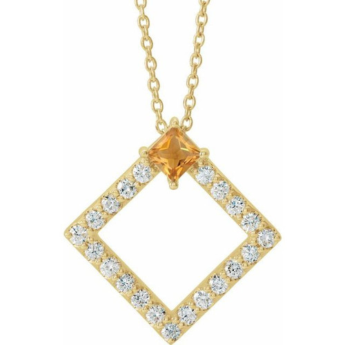 Golden Citrine Necklace in 14 Karat Yellow Gold Citrine and 0.37 Carat Diamond 16 inch Necklace