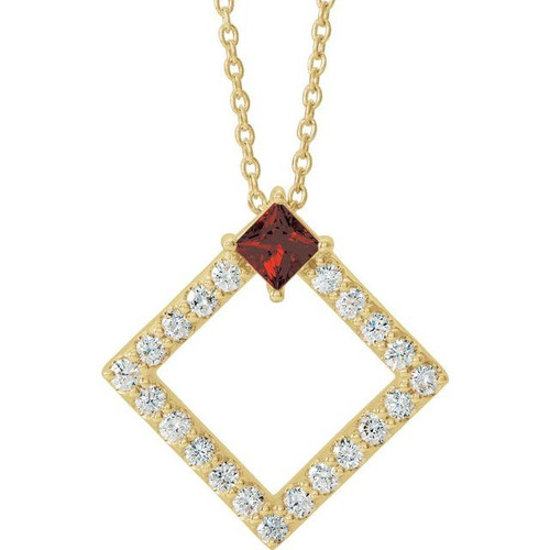 Red Garnet Necklace in 14 Karat Yellow Gold Mozambique Garnet and 0.37 Carat Diamond 16 inch Necklace