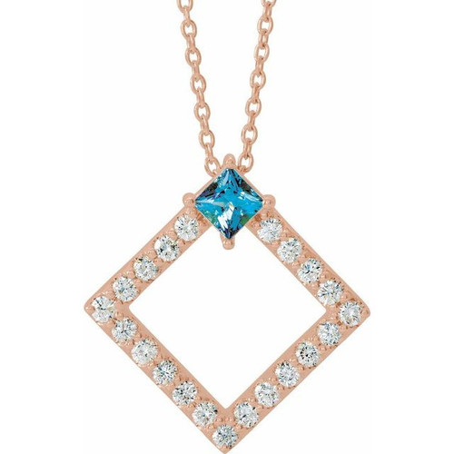 14 Karat Rose Gold Aquamarine Gem and 0.37 Carat Diamond 16 to 18 inch Necklace