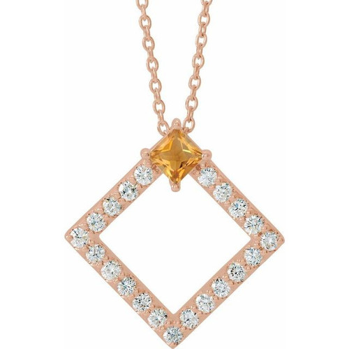 Golden Citrine Necklace in 14 Karat Rose Gold Citrine and 0.37 Carat Diamond 16 inch Necklace