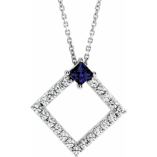 Genuine Sapphire Necklace in Platinum Sapphire and 0.37 Carat Diamond 16 inch Necklace