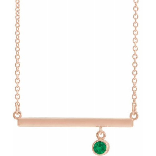 Emerald Necklace in 14 Karat Rose Gold Emerald Bezel Set 18 inch Bar Necklace