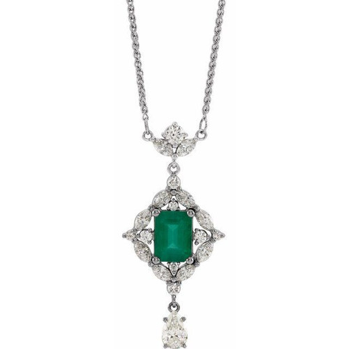 14 Karat White Gold Emerald and 1.25 Carat Diamond 16 inch Necklace
