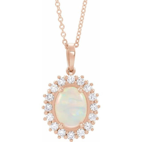 Ethiopian Opal Necklace in 14 Karat Rose Gold Ethiopian Opal and 0.33 Carat Diamond Halo Style 16 inch Necklace