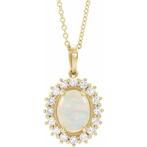 Ethiopian Opal Necklace in 14 Karat Yellow Gold Ethiopian Opal and 0.50 Carat Diamond Halo Style 16 inch Necklace