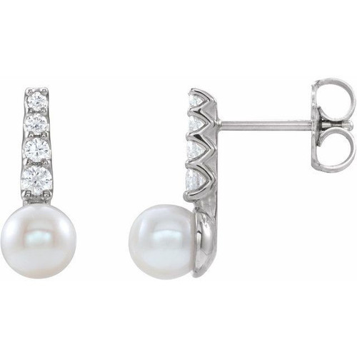 Sterling Silver Freshwater Cultured Pearl and 0.16 Carat Diamond Earrings