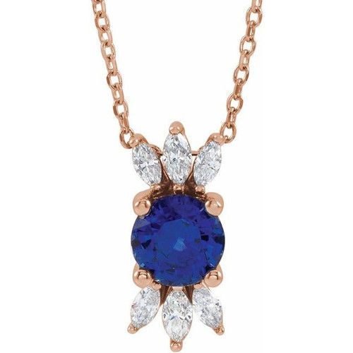 Sapphire Necklace in 14 Karat Rose Gold Sapphire and 0.25 Carat Diamond 16 inch Necklace