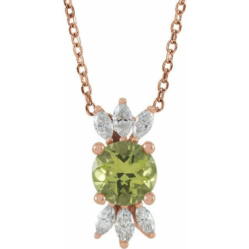 Genuine Peridot Necklace in 14 Karat Rose Gold Peridot and 0.25 Carat Diamond 16 inch Necklace