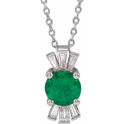 Emerald Necklace in Sterling Silver Emerald and 0.16 Carat Diamond 16 inch Necklace