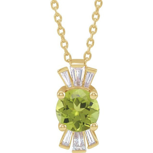 Genuine Peridot Necklace in 14 Karat Yellow Gold Peridot and 0.16 Carat Diamond 16 inch Necklace