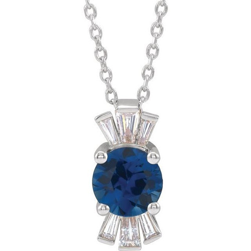 Genuine Sapphire Necklace in Sterling Silver Genuine Sapphire and 0.16 Carat Diamond 16 inch Necklace