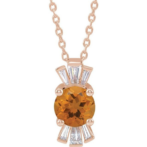 Golden Citrine Necklace in 14 Karat Rose Gold Citrine and 0.16 Carat Diamond 16 inch Necklace