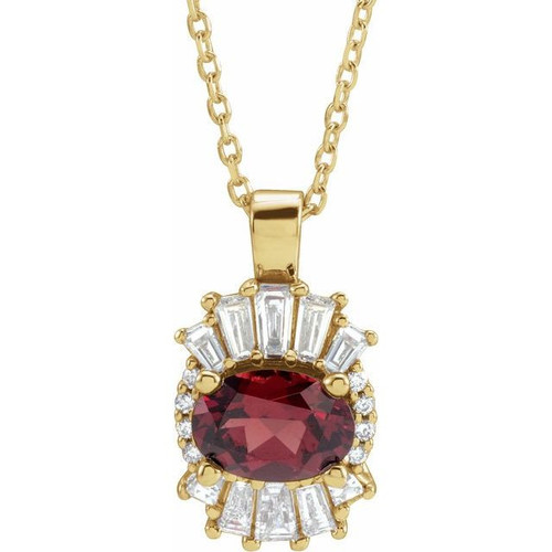 Red Garnet Necklace in 14 Karat Yellow Gold Mozambique Garnet and 0.33 Carat Diamond 16 inch Necklace