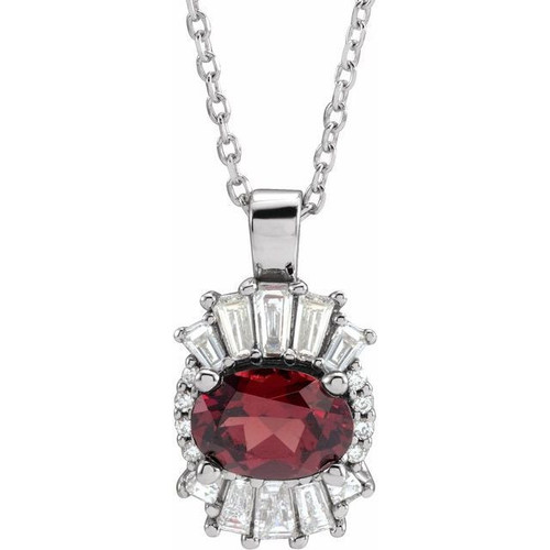 Red Garnet Necklace in Sterling Silver Mozambique Garnet and 0.33 Carat Diamond 16 inch Necklace