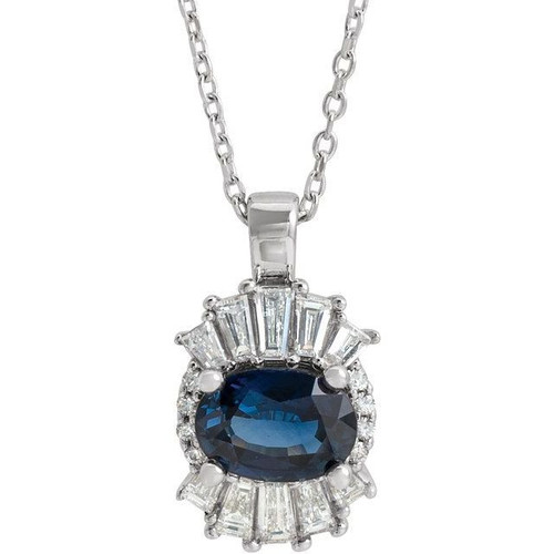 Genuine Sapphire Necklace in Platinum Genuine Sapphire and 0.33 Carat Diamond 16 inch Necklace
