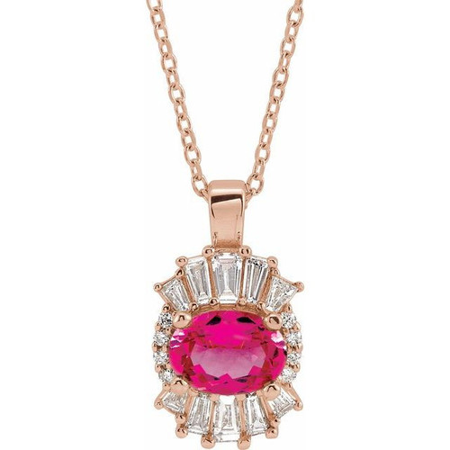 Pink Tourmaline Necklace in 14 Karat Rose Gold Pink Tourmaline and 0.33 Carat Diamond 16 inch Necklace