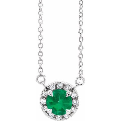 Emerald Necklace in 14 Karat White Gold 3 mm Round Emerald and .03 Carat Diamond 16 inch Necklace