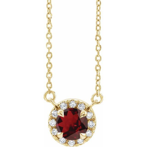 Red Garnet Necklace in 14 Karat Yellow Gold 3 mm Round Mozambique Garnet and .03 Carat Diamond 16 inch Necklace