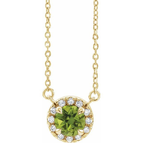 Genuine Peridot Necklace in 14 Karat Yellow Gold 3 mm Round Peridot and .03 Carat Diamond 18 inch Necklace