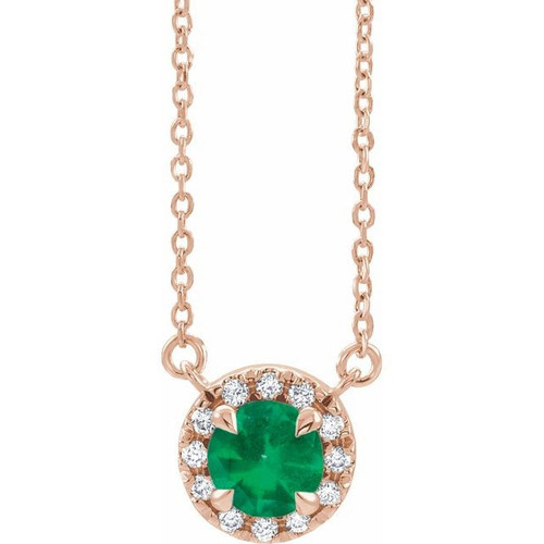 Emerald Necklace in 14 Karat Rose Gold 3 mm Round Emerald and .03 Carat Diamond 16 inch Necklace