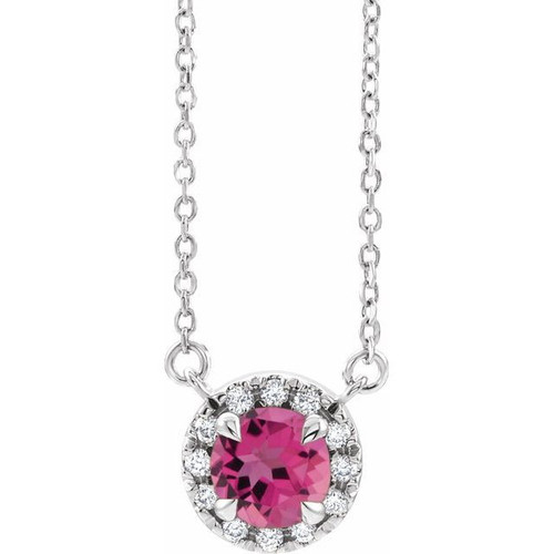 Pink Tourmaline Necklace in 14 Karat White Gold 3.5 mm Round Pink Tourmaline and .04 Carat Diamond 16 inch Necklace