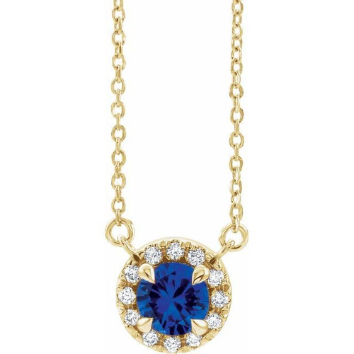 Sapphire Necklace in 14 Karat Yellow Gold 3.5 mm Round Sapphire and .04 Carat Diamond 16 inch Necklace