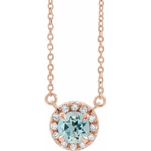 14 Karat Rose Gold 3.5 mm Round Aquamarine Gem and .04 Carat Diamond 16 inch Necklace