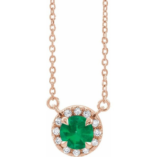Emerald Necklace in 14 Karat Rose Gold 3.5 mm Round Emerald and .04 Carat Diamond 18 inch Necklace