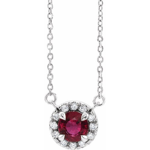 Ruby Necklace in Sterling Silver 3.5 mm Round Ruby and .04 Carat Diamond 16 inch Necklace