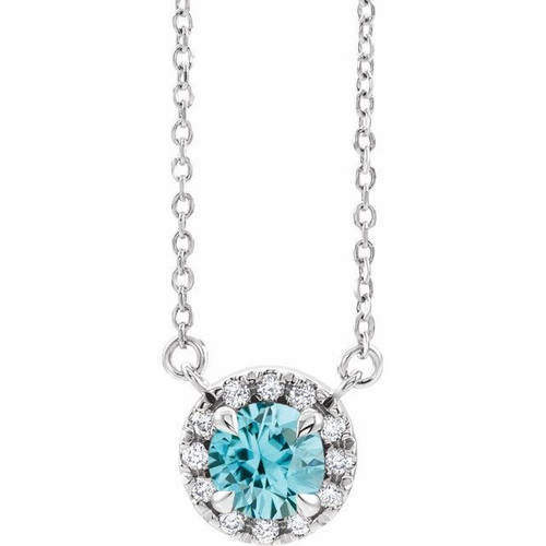 Genuine Zircon Necklace in 14 Karat White Gold 4 mm Round Genuine Zircon and .06 Carat Diamond 18 inch Necklace