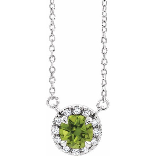Genuine Peridot Necklace in 14 Karat White Gold 4 mm Round Peridot and .06 Carat Diamond 18 inch Necklace