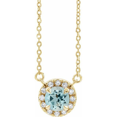 14 Karat Yellow Gold 4 mm Round Aquamarine Gem and .06 Carat Diamond 16 inch Necklace