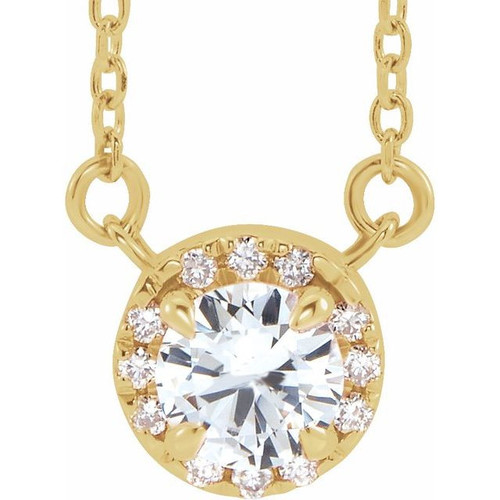 Sapphire Necklace in 14 Karat Yellow Gold 4 mm Round White Sapphire and .06 Carat Diamond 16 inch Necklace