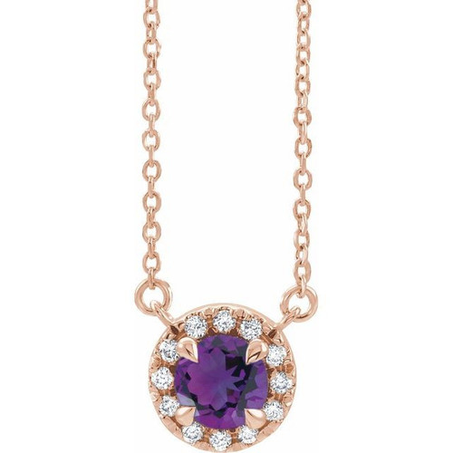 Amethyst Necklace in 14 Karat Rose Gold 4 mm Round Amethyst and .06 Carat Diamond 16 inch Necklace