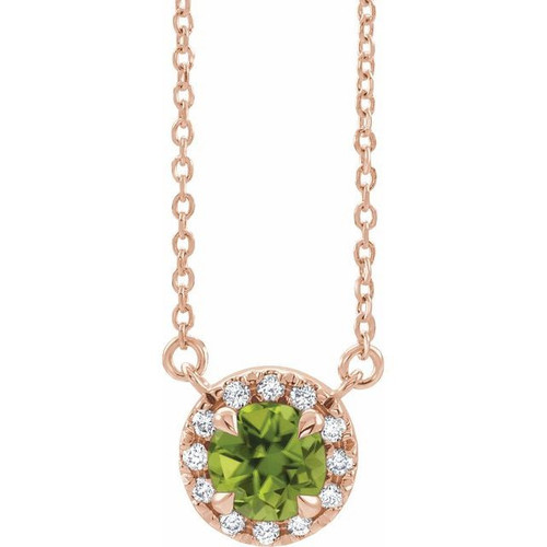 Genuine Peridot Necklace in 14 Karat Rose Gold 4 mm Round Peridot and .06 Carat Diamond 16 inch Necklace