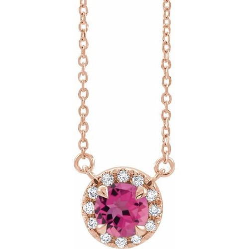 Pink Tourmaline Necklace in 14 Karat Rose Gold 4 mm Round Pink Tourmaline and .06 Carat Diamond 16 inch Necklace