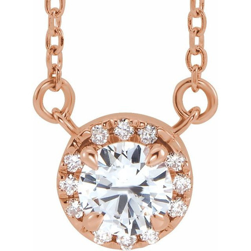 Sapphire Necklace in 14 Karat Rose Gold 4.5 mm Round White Sapphire and .06 Carat Diamond 18 inch Necklace