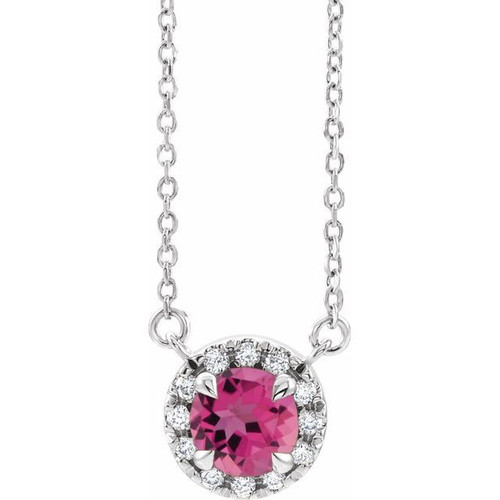 Pink Tourmaline Necklace in Sterling Silver 4.5 mm Round Pink Tourmaline and .06 Carat Diamond 16 inch Necklace