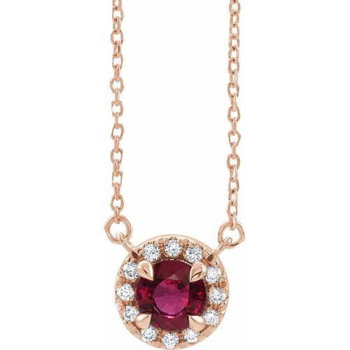 Ruby Necklace in 14 Karat Rose Gold 5 mm Round Ruby and 0.12 Carat Diamond 18 inch Necklace