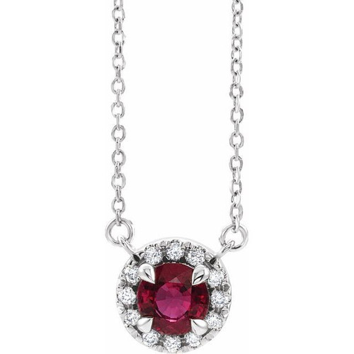 Red Garnet Necklace in Platinum 5 mm Round Mozambique Garnet and 0.12 Carat Diamond 18 inch Necklace