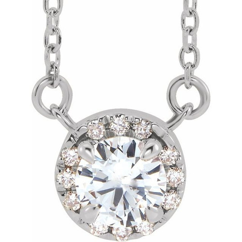 Sapphire Necklace in 14 Karat White Gold 5.5 mm Round White Sapphire and 0.12 Carat Diamond 18 inch Necklace