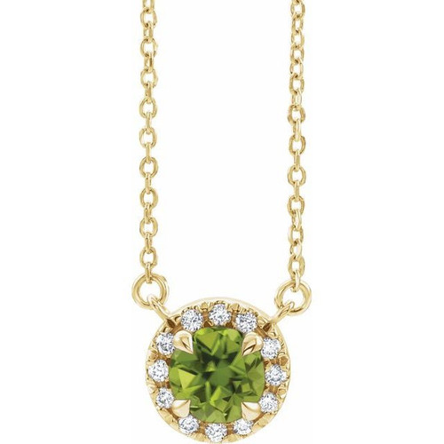 Genuine Peridot Necklace in 14 Karat Yellow Gold 6.5 mm Round Peridot and 0.20 Carat Diamond 16 inch Necklace