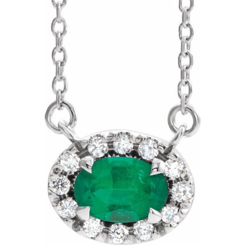 Emerald Necklace in 14 Karat White Gold 5x3 mm Oval Emerald and .05 Carat Diamond 16 inch Necklace